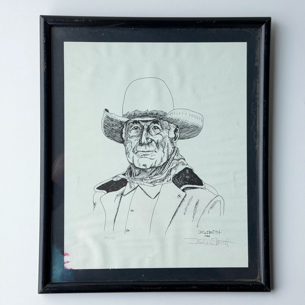 Vintage Cowboy Portrait Art Print Western Sketch Wall Hanging 24/100 1984 Signed